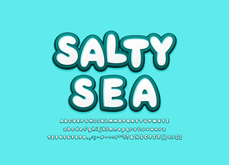 Salty sea alphabet 3d fonts marine turquoise colors. Cool cartoon bold typeface, uppercase and lowercase letters, numbers, symbols. Vector illustration