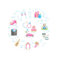 Wedding web banner. Infographics with linear icons on white background. Creative idea concept. Isolated outline color illustration