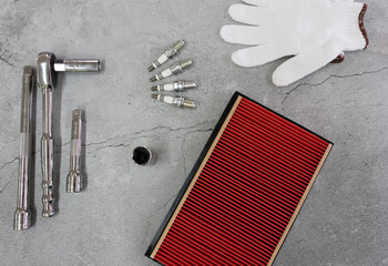 Conceptual of automotive engine spare part or service commercial background with copy space on grey...