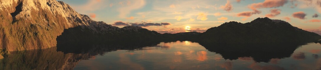 Beautiful panorama of the sea bay at sunset, rocks in the water at sunrise, 3D rendering