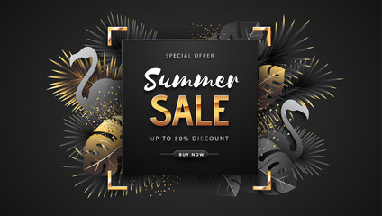 Summer sale poster with black and gold tropic leaves and flamingo on dark background.