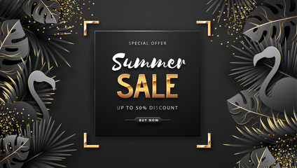 Summer sale poster with black and gold tropic leaves and flamingo on dark background.