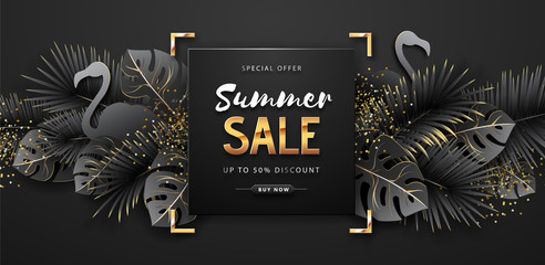 Summer sale poster with black and gold tropic leaves and flamingo on dark background. © annbozhko