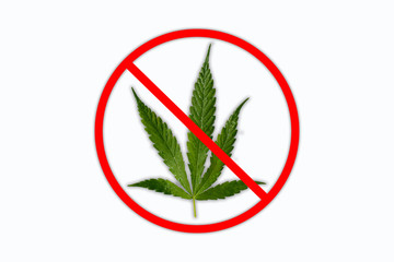 No drugs red sign. Hand drawn marijuana leaf prohibited. Stop narcotic cannabis design element