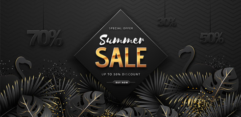 Summer sale poster with black and gold tropic leaves and flamingo on dark background. © annbozhko