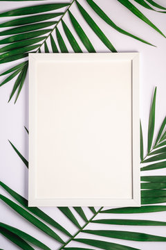 White picture frame with empty template on palm leaves, white background, mockup card