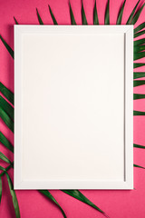 White picture frame with empty template on palm leaves, pink red background, mockup card