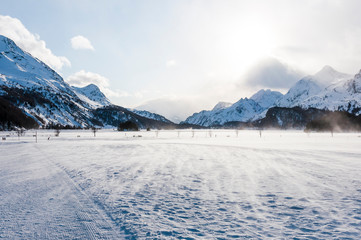 Sils, Silsersee, Langlauf, Langlaufloipe, Maloja, Malojawind, Piz da la Margna, Winter, Wintersport, Winterwanderung, Abendstimmung, Oberengadin, Alpen, Graubünden, Schweiz