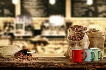 Fresh coffee in cafe interior and free space for your decoration. 
