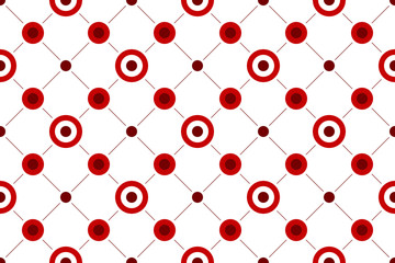 Seamless abstract geometric patterns with circles, dots and lines design using red tones on a white background.