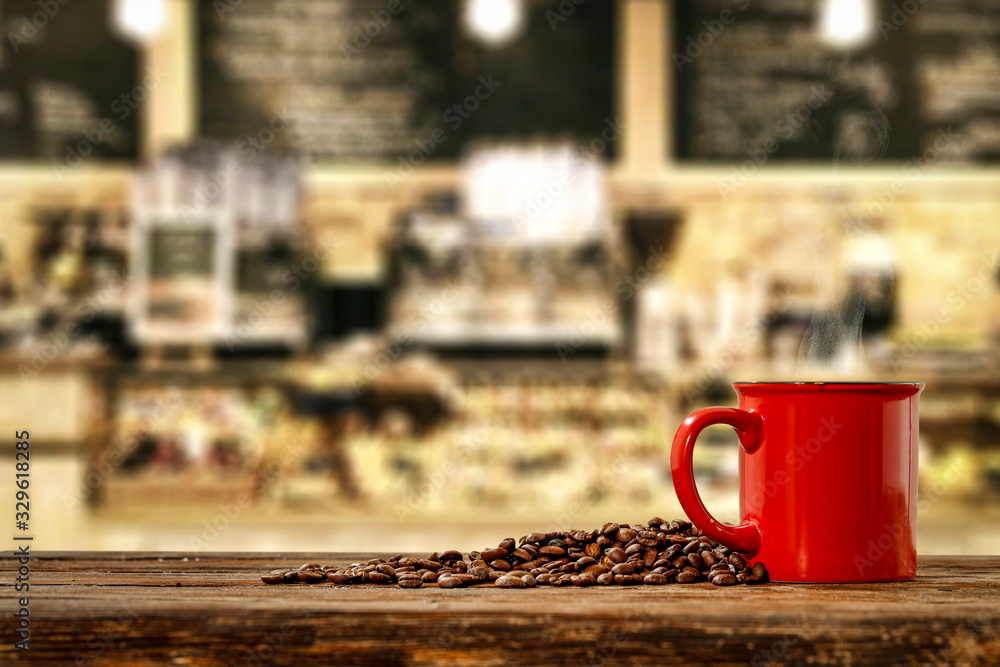 Poster fresh coffee on brown desk and cafe interior