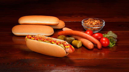 Set of ingredients for making a hot dog.