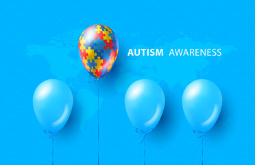 World autism awareness day. Blue, colorful puzzles, balloon, vector background. Symbol of autism. Medical flat illustration. Health care