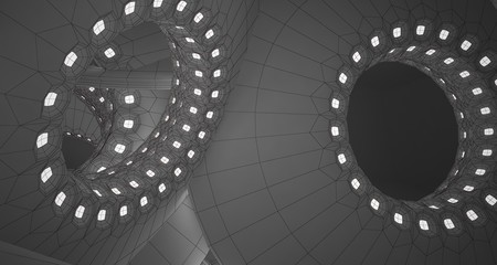 Abstract drawing architectural background. White interior with discs and neon lighting. 3D illustration and rendering.