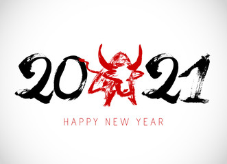 Greeting card design template with Chinese calligraphy for 2021 New Year of the ox, bull, cow. Lunar new year 2021. Zodiac sign for greetings card, invitation, posters, banners, calendar