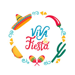 Viva la Fiesta hand drawn lettering. Frame with sombrero, maracas, cactus, tacos and chili pepper