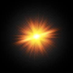 Obraz premium Light flare on black background. Holiday glowing backdrop. Lens flare, glow light effect. Night glow effect. Disco design. Christmas decoration. Bright glowing star. Vector illustration.