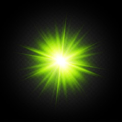 Obraz premium Light flare on black background. Holiday glowing backdrop. Lens flare, glow light effect. Night glow effect. Disco design. Christmas decoration. Bright glowing star. Vector illustration.