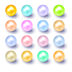 Pearls. Set is three-dimensional geometric shape isolated on white background. 3d objects round ball. Vector illustration. Round sphere, geometric objects, pearl made of metal and plastic