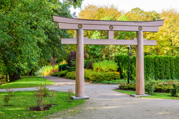 Sightseeing of Poland. Oliwa park - a picturesque Japanese-style city Park, Traditional japanese...