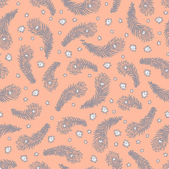 Vector seamless pattern with feathers and flowers