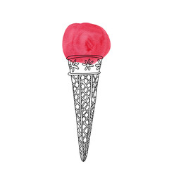 Ice cream cone. Red color. Black ink doodle and watercolor stain. Hand drawn illustration isolated on white background.