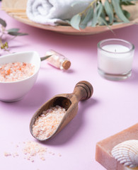 Fototapeta na wymiar natural organic cosmetics with pink Himalayan salt, soap and eucalyptus branch on a pink background