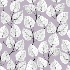 Decorative hand drawn watercolor seamless pattern of white and gray leaves and branches. Floral illustration for greeting card, invitation, wallpaper, wrapping paper, fabric, textile, packaging