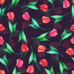 Decorative hand drawn watercolor seamless pattern of flowers, leaves and branches. Red tulips. Floral illustration for greeting card, invitation, wallpaper, wrapping paper, fabric, textile, packaging