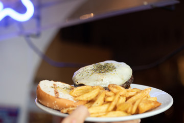 hamburger with cheese and French fries 