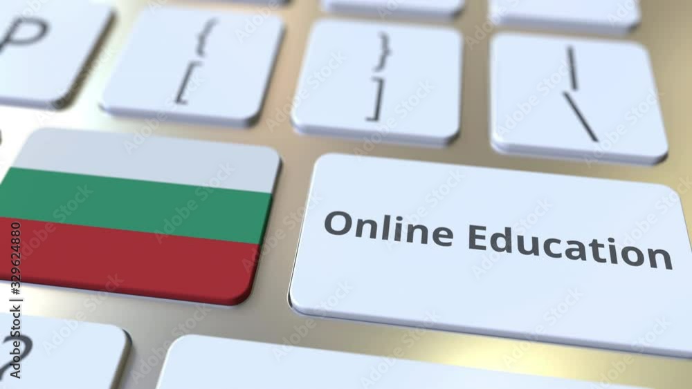 Poster online education text and flag of bulgaria on the buttons on the computer keyboard. modern professio