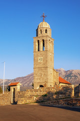 Obraz premium Religious architecture. Village church with churchyard. Montenegro, Tivat. Ancient Church of Saint Jovan, Lustica peninsula, Bogisici village