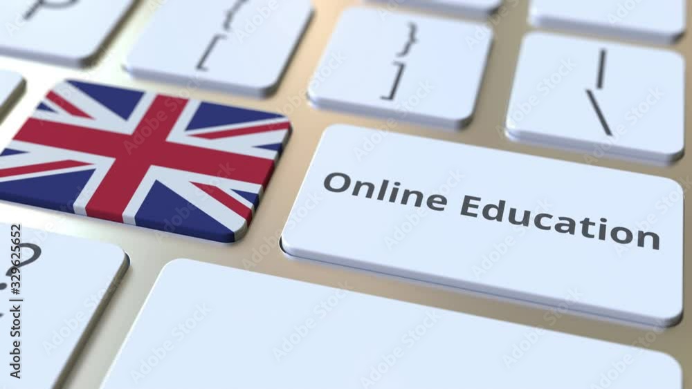 Poster online education text and flag of great britain on the buttons on the computer keyboard. modern prof