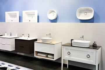 Bathroom sinks and furniture in store