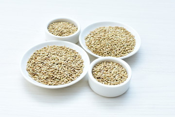 Seed of birdseed, food for birds, displayed in containers on white wooden background