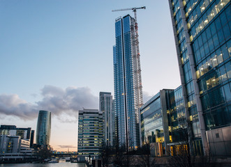 Scenic blue hour skyscrapers view on rainy day on Canary Wharf