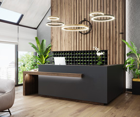 Modern hall interior with reception desk in fitness center with wood panel and panoramic windows, wooden floor, fitness center front desk, 3d rendering.