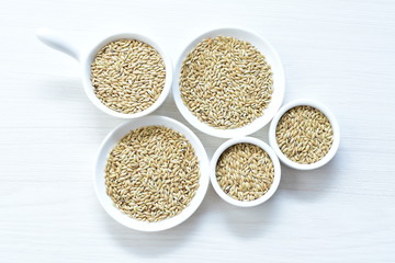 Seed of birdseed, food for birds, displayed in containers on white wooden background