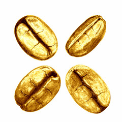 Golden coffee beans set isolated on white background. Hand drawn yellow gold illustration.