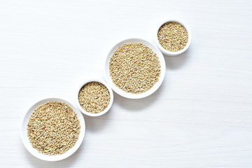 Seed of birdseed, food for birds, displayed in containers on white wooden background