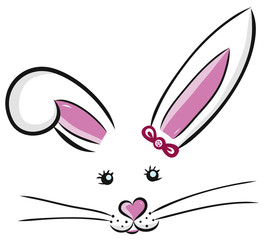 Easter bunny cute vector illustration drawn by hand. Bunny face, ears and tiny muzzle with whiskers isolated on white background