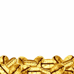 Golden coffee beans isolated on white background. Hand drawn yellow gold illustration.