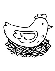 chicken in nest outline, line art drawing, illustration of bird