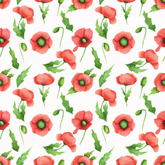 Wild flowers seamless pattern. Hand drawn watercolor poppies isolated on white background.