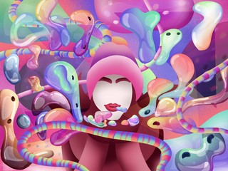 Abstract composition with a girl and fluid shapes