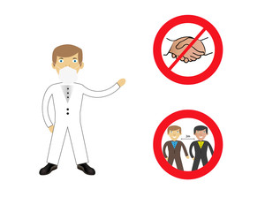 Doctor showing protection against coronavirus Covid-19. No handshake icon with red forbidden sign, avoiding physical contact and coronavirus infection. Forbidden handshake symbol concept.