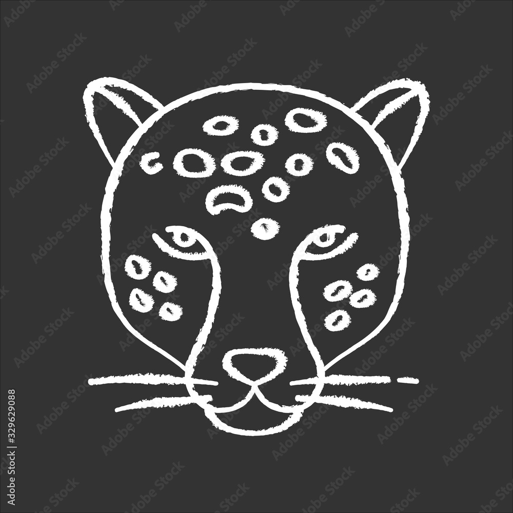 Sticker Jaguar chalk white icon on black background. Leopard head. Cheetah. Wild large spotted cat living in South America. Strong aggressive predator. Jungle dweller. Isolated vector illustration