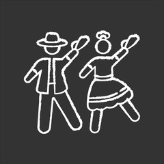 Marinera chalk white icon on black background. Peruvian traditional romantic couple dance. Man and woman dancers. Peru national choreography festival. Hispanic culture. Isolated vector illustration