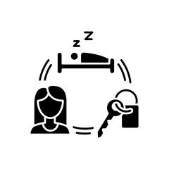 Renting hotel room black glyph icon. Booking accommodation. Housing facility. Travelling facilities. Rental service. Female client. Silhouette symbol on white space. Vector isolated illustration
