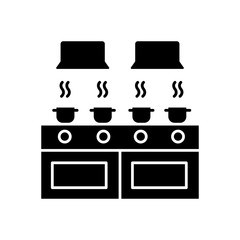 Communal kitchen black glyph icon. Common dormitory room. Cooking. Casseroles on stove top. Living accommodations. Restaurant, cafe. Silhouette symbol on white space. Vector isolated illustration